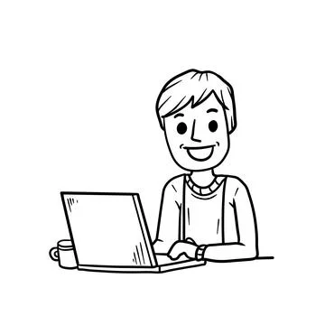 Man sitting at table with laptop. Chat with friends on the Internet. Stock Illustration