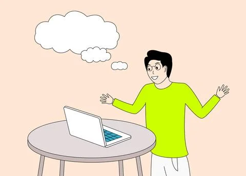 Man is sitting at a table with a laptop in front of him Stock Illustration