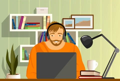 A man sitting at a table with a laptop Stock Illustration