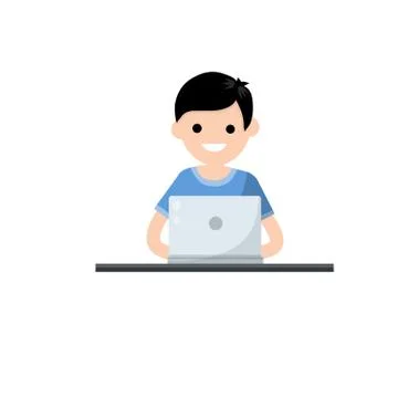 Man is sitting at table with laptop. Training and education. 스톡 일러스트