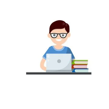 Man is sitting at table with laptop. Training and education. Illustrazione stock
