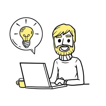 Man sitting at table with laptop. Work as freelancer and programmer. Stock-Illustration