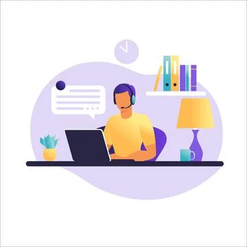 Man sitting table with laptop. Working on a computer. Freelance, online educa Illustrazione stock