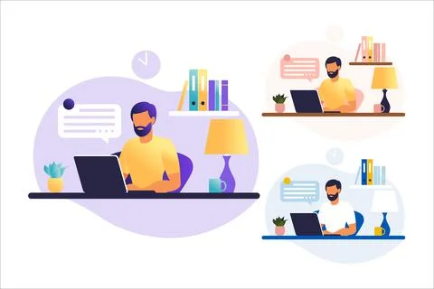 Man sitting table with laptop. Working on a computer. Freelance, online educa Stock Illustration