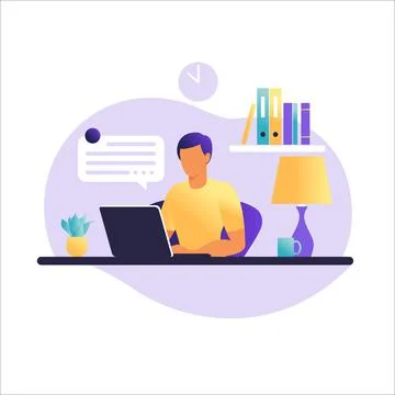 Man sitting table with laptop. Working on a computer. Freelance, online educa Stock Illustration