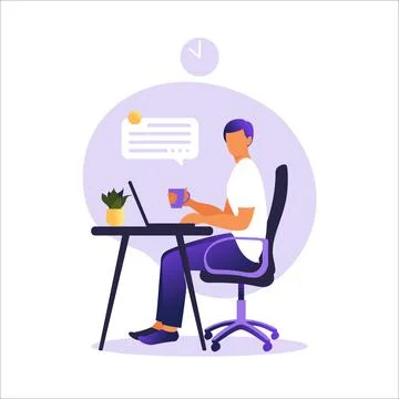 Man sitting table with laptop. Working on a computer. Freelance, online educa Stock-Illustration