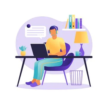Man sitting table with laptop. Working on a computer. Freelance, online educa Stock-Illustration