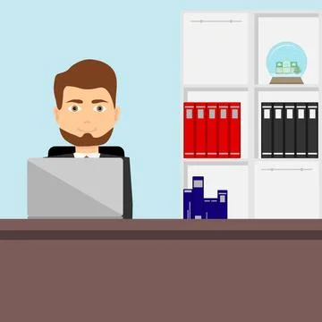 A man is sitting at a table in the office in front of a laptop. Stock Illustration
