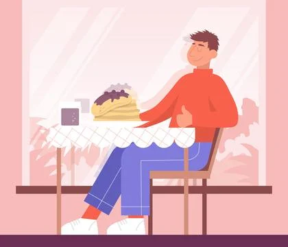 Man sitting at a table in a restaurant is enjoying food. Color vector Stock Illustration
