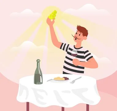 Man sitting at a table in a restaurant is enjoying food. Color vector Stock-Illustration