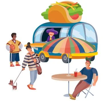 Man sitting at a table under an umbrella opposite the truck that fast food sells Illustrazione stock