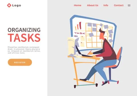 Man sitting at table, using laptop, making paper work near board with work tasks 스톡 일러스트