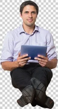 Man sitting with tablet computer against white background Stock Photos