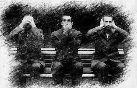 Man sitting as three monkeys in pencil drawing style Stock Illustration