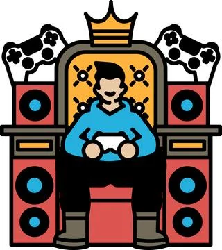 A man is sitting on a throne in front of a video game console Stock Illustration