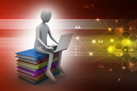 Man sitting on top of books while using laptop in color background Stock Illustration