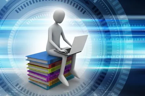 Man sitting on top of books while using laptop in color background Illustrazione stock