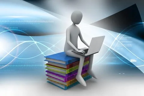 Man sitting on top of books while using laptop in color background Illustrazione stock