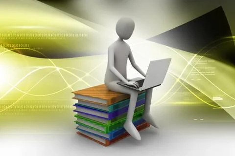 Man sitting on top of books while using laptop in color background Stock Illustration