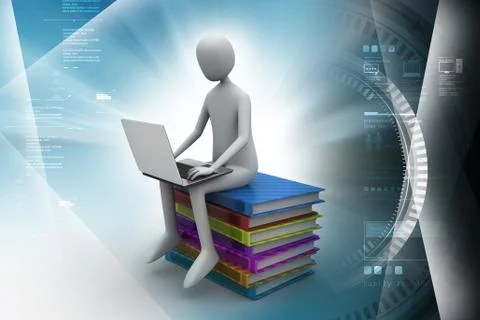 Man sitting on top of books while using laptop 스톡 일러스트