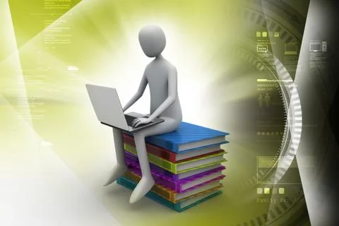Man sitting on top of books while using laptop Illustrazione stock