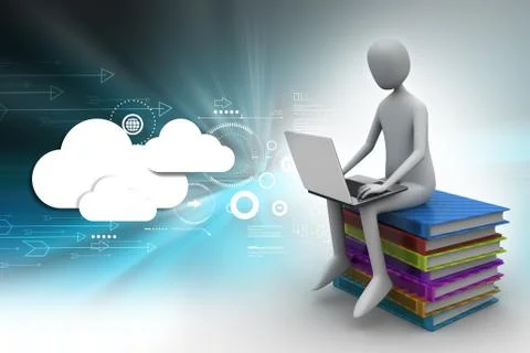 Man sitting on top of books while using laptop Stock Illustration
