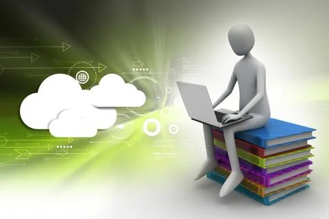 Man sitting on top of books while using laptop Stock Illustration