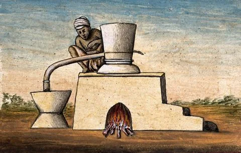 A man sitting on top of a device for cooking (?). Gouache painting by an In.. Stock-Illustration