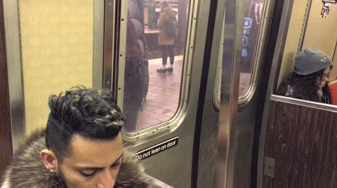 Man Sitting on Train In Fur Coat, NY Subway Stock Footage 58637630