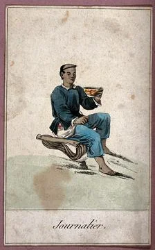 A man is sitting on a type of rope seat with a brush in one hand and a larg.. イラスト素材
