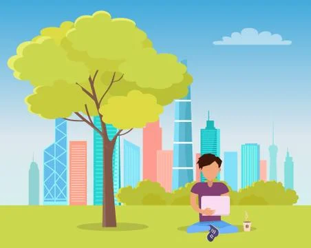 Man Sitting Under Tree and Reading Book in Park Illustrazione stock