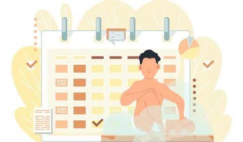 Man is sitting in underwear. Guy is taking steam bath, having rest, relaxing Stock Illustration