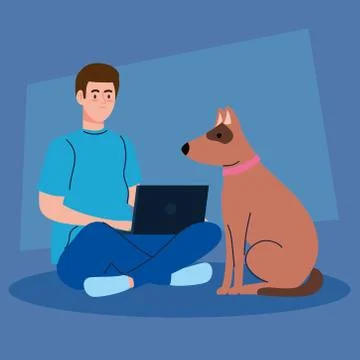 Man sitting using laptop computer with dog pet Stock Illustration