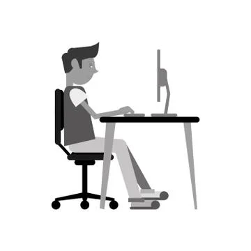 Man sitting using laptop on desk design monochromatic Stock Illustration