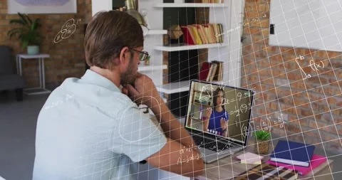 Man sitting viewing laptop while host talking and math grid growing across room, Stock Footage 330653025