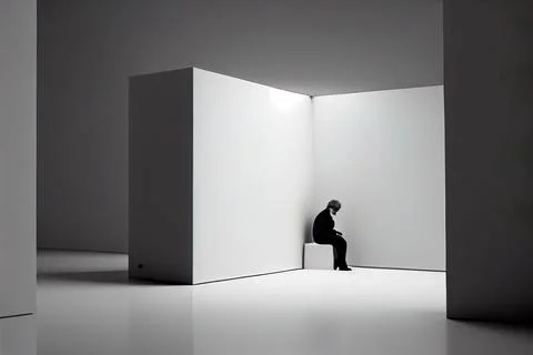 A man sitting on a white cube in a room with a light on it's side cinematic.. Ilustración de archivo