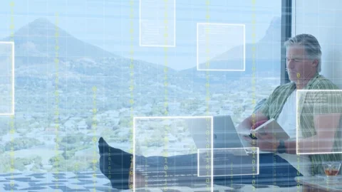 Man sitting on window seat, tapping phone and causing binary overlays animating Stock Footage 333925094