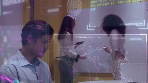 Man sitting, woman tapping tablet starting tech UI, peer marking board, man Stock Footage 335762238