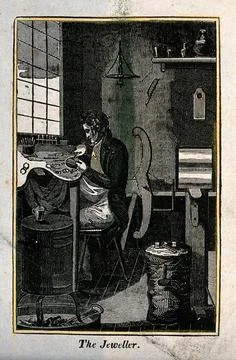 A man is sitting at a work bench making jewellery. Wood engraving. Stockillustratie
