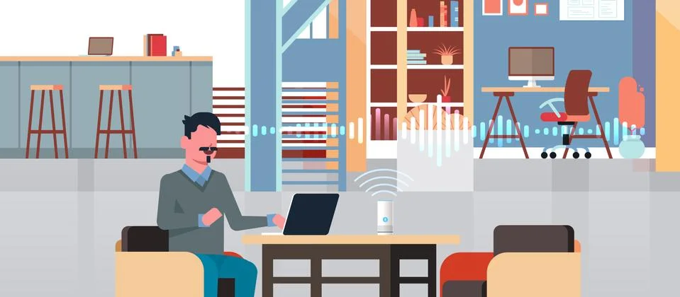 Man sitting at workplace with laptop using intelligent smart speaker with voice Stockillustratie