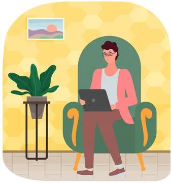 Man sitting at workplace is using laptop for social networking, meeting website Stock Illustration