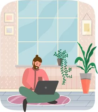 Man sitting at workplace is using laptop for social networking, meeting website Stock Illustration