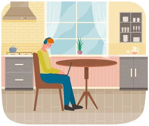 Man sitting at workplace is using laptop for social networking, meeting website Stock Illustration