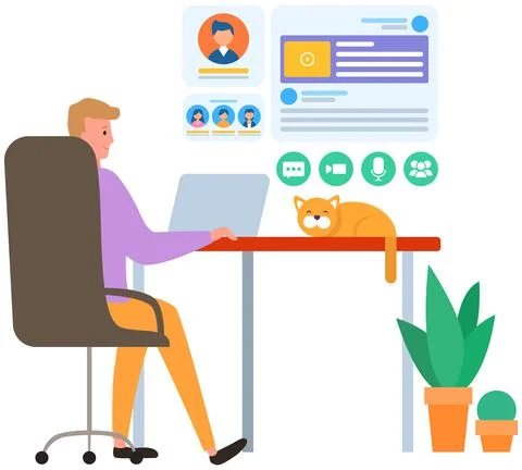 Man sitting at workplace is using laptop for social networking, meeting website Stock Illustration