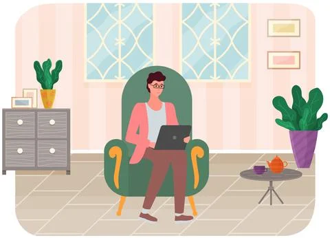 Man sitting at workplace is using laptop for social networking, meeting website Stock Illustration