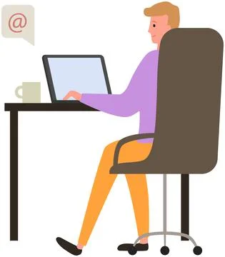 Man sitting at workplace is using laptop for social networking, meeting website Stock Illustration