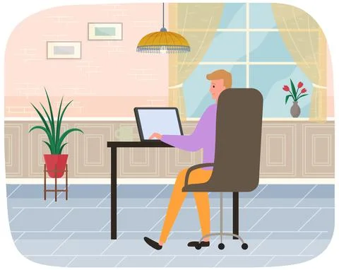 Man sitting at workplace is using laptop for social networking, meeting website Stock Illustration