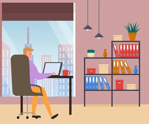 Man sitting at workplace is using laptop for social networking, meeting website Stock Illustration