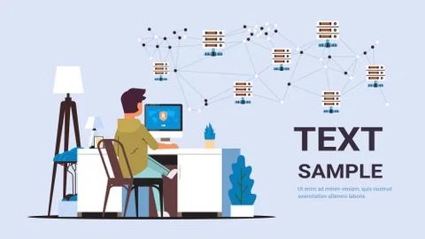 Man sitting at workplace using VPN virtual private network cyber security Stock Illustration