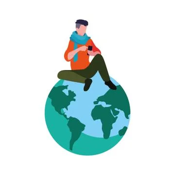 Man sitting on world using smartphone social media Stockillustratie